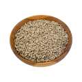 Wooden bowl filled with sunflower seeds on a white background