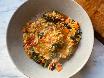 Hearty Vegetable & Brown Rice Soup (GF, DF, Vegan option)