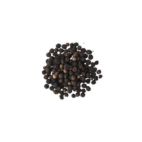 A pile of whole black peppercorns on a white background