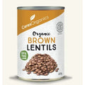 Can of Ceres Organics organic brown lentils on a white background