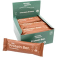 Box of Chocolate Brownie Protein Bars with a single bar in front on a white background