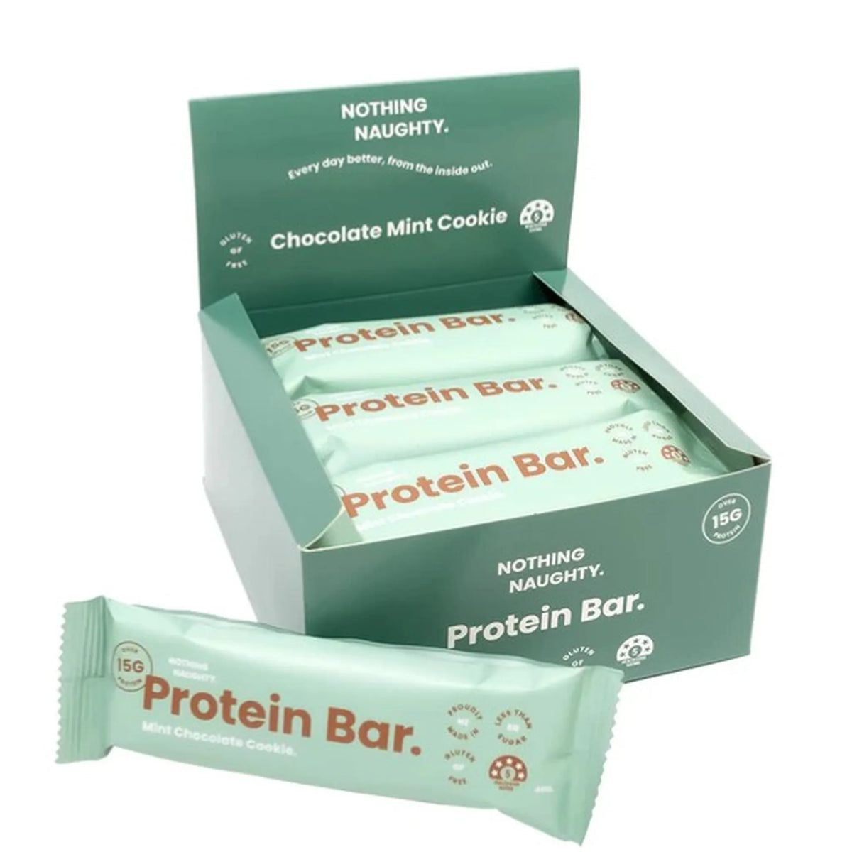 Box of Chocolate Mint Cookie Protein Bars with a single bar in front on a white background