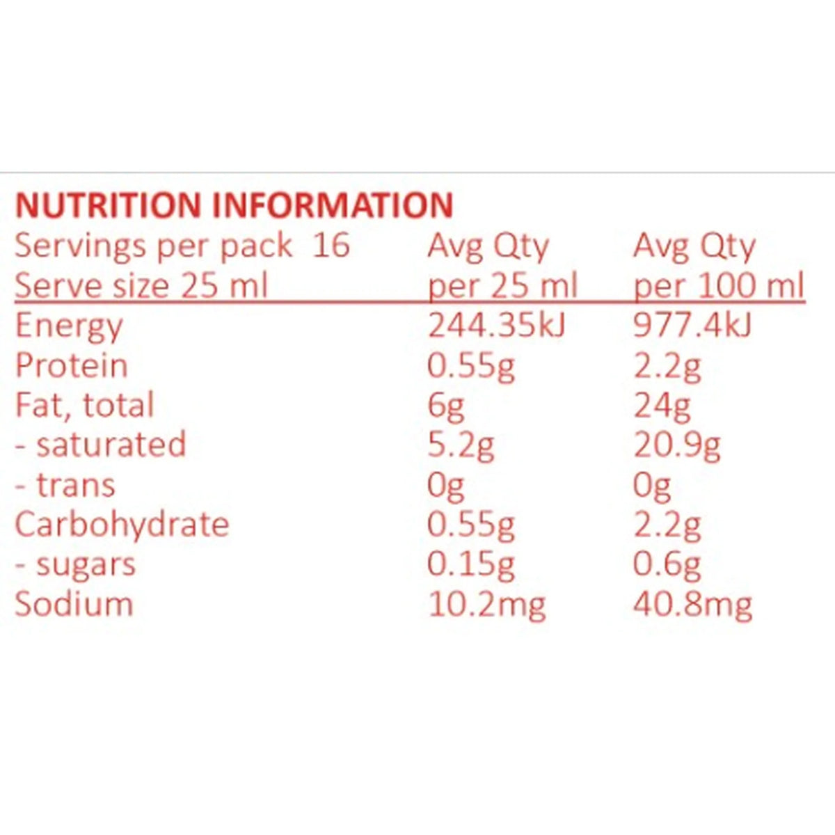 Coconut Whipping Cream Nutrition Information panel