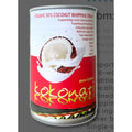 Can of organic 90% coconut whipping cream with a red label and coconut image.