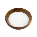 a small wooden bowl with Erythritol on a white background