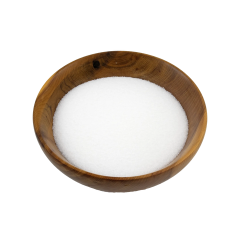 a small wooden bowl with Erythritol on a white background