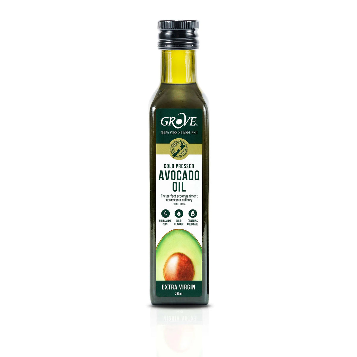 Bottle of Grove cold pressed avocado oil on a white background