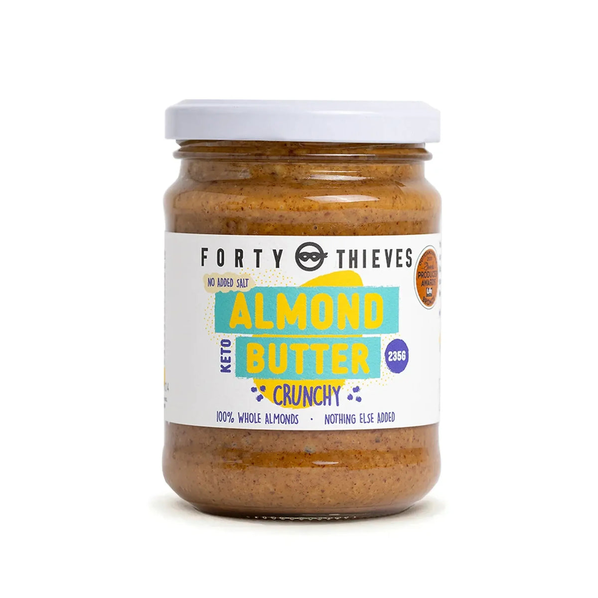 Jar of Forty Thieves Almond Butter on a white background