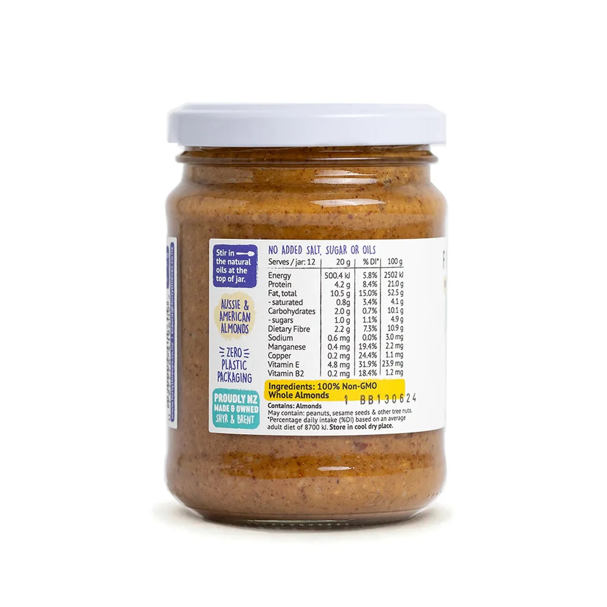 Jar of almond butter with a label on a white background
