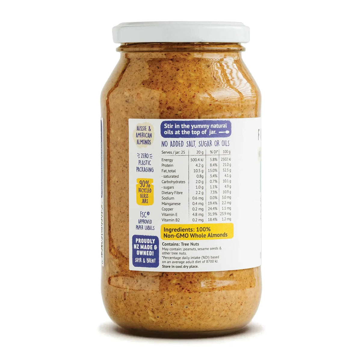 Jar of almond butter with a label on a white background