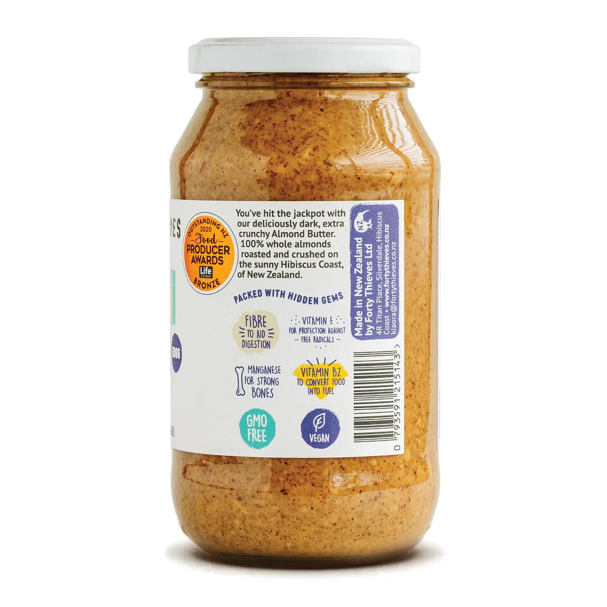 Jar of almond butter with a label on a white background