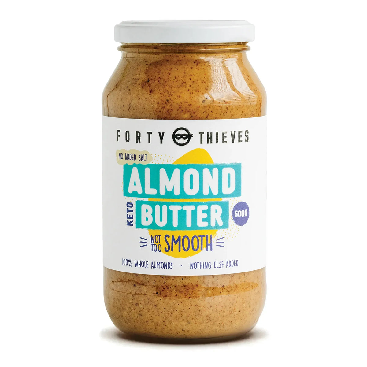 Jar of Forty Thieves almond butter on a white background