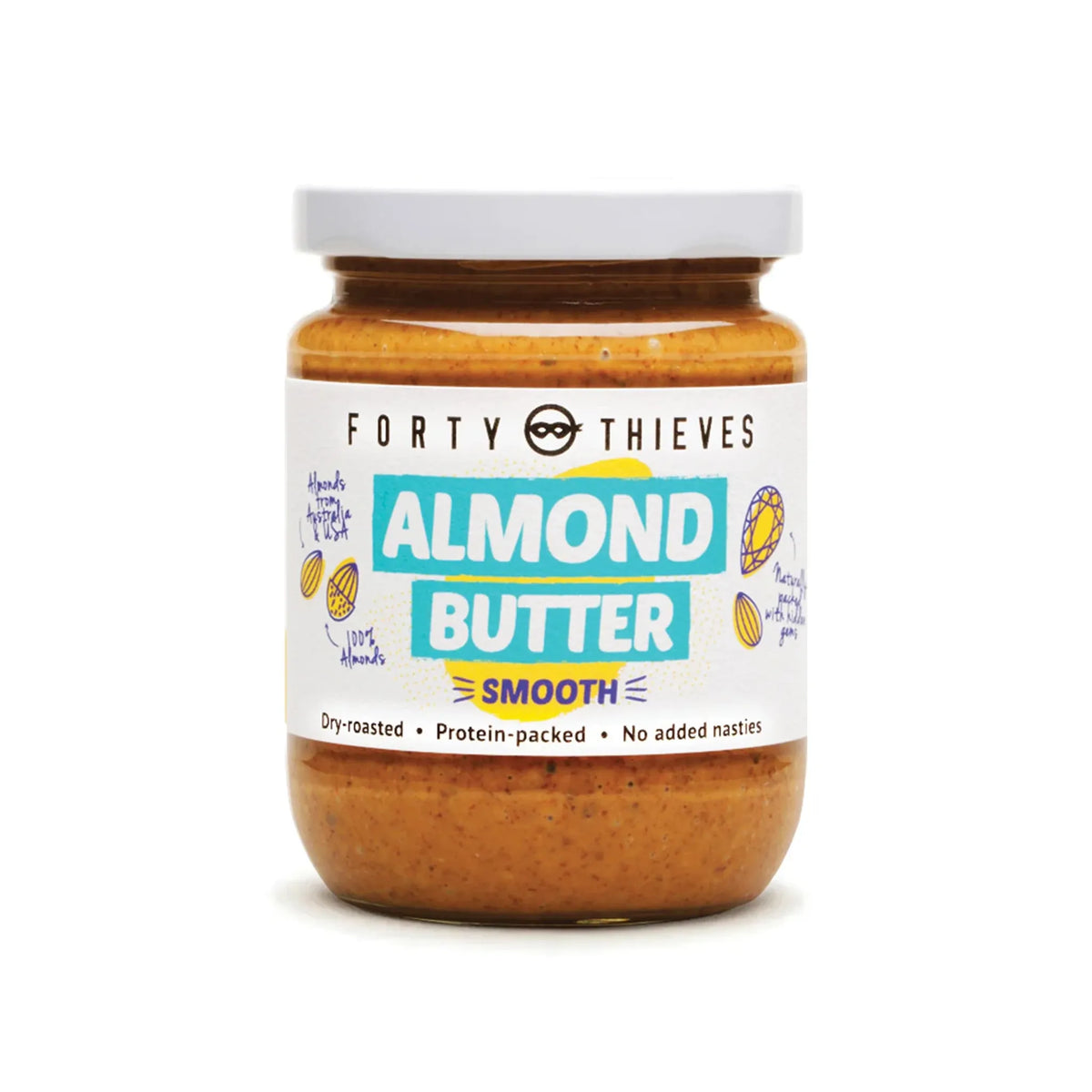 Jar of Forty Thieves Almond Butter on a white background