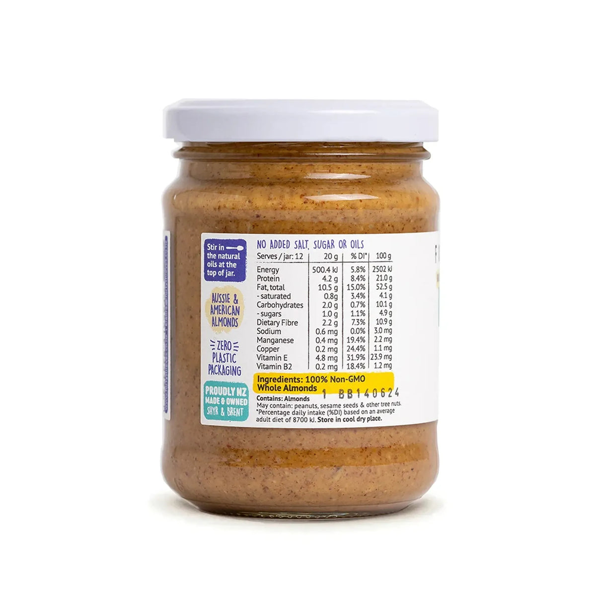 Jar of almond butter with a label on a white background
