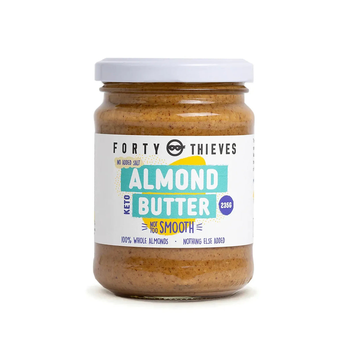 Jar of Forty Thieves almond butter on a white background