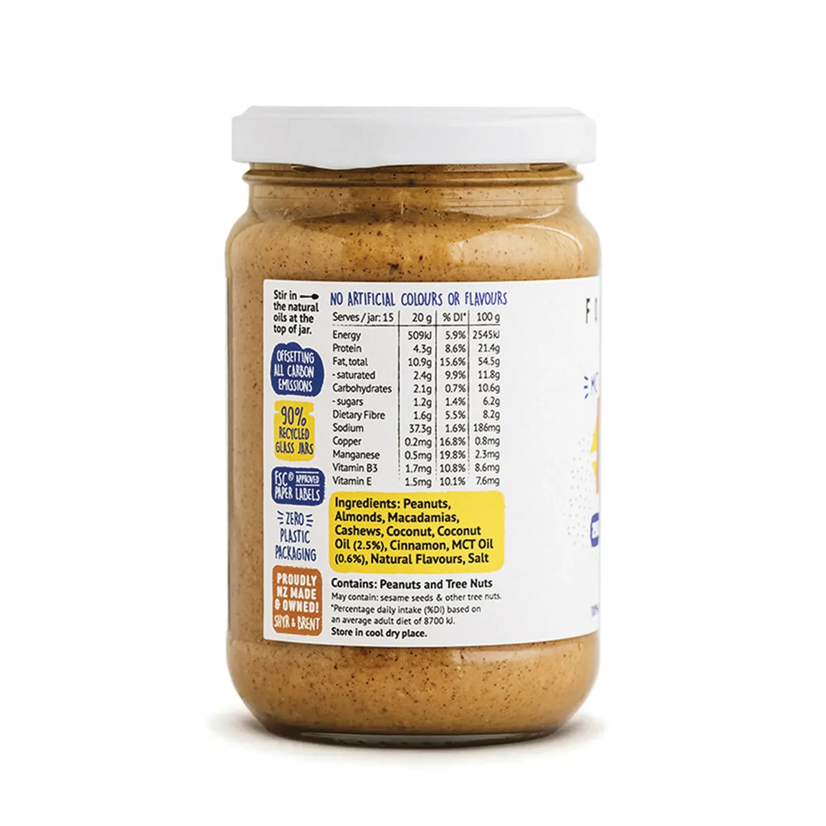 Jar of peanut butter with nutritional information label on a white background