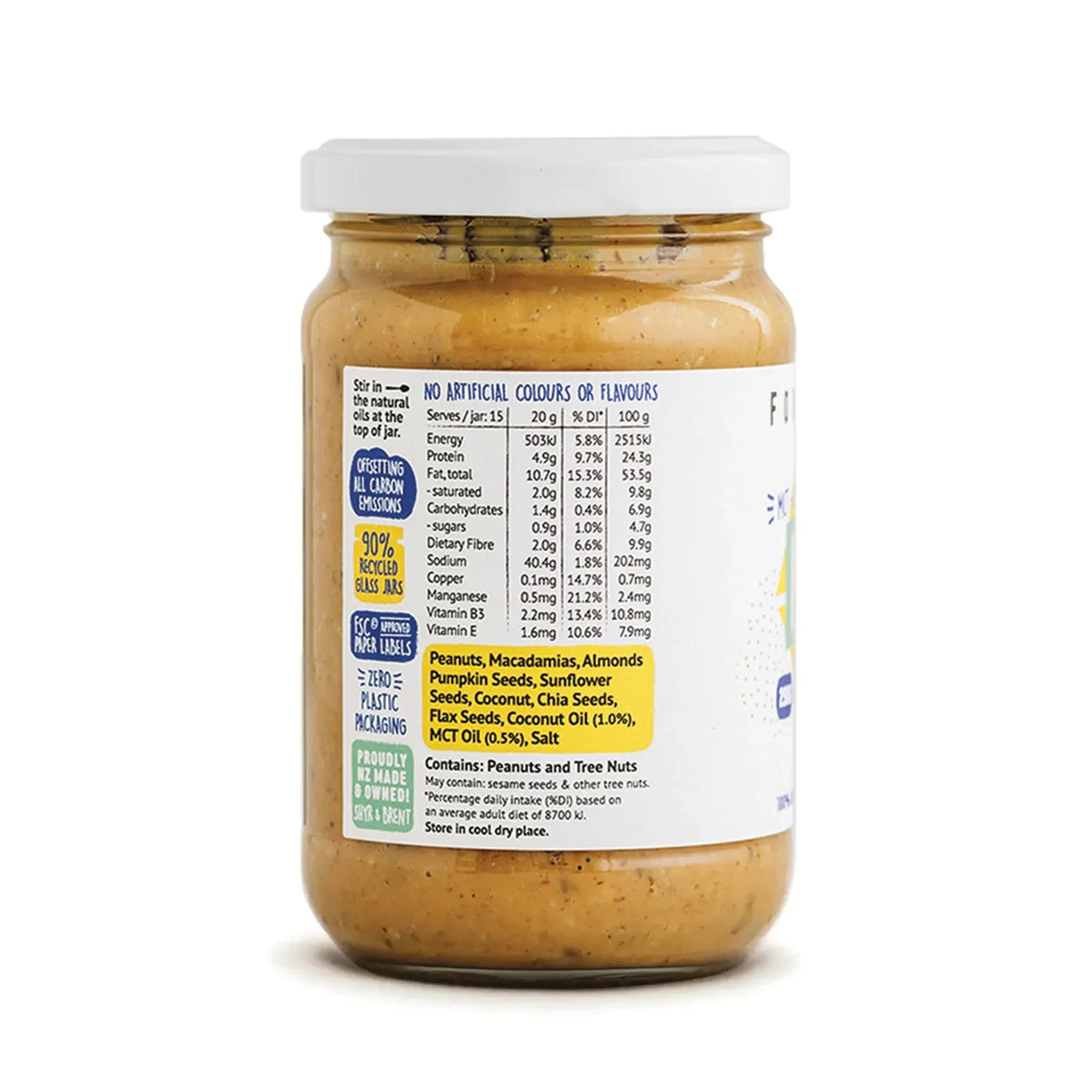 Jar of peanut butter with a label on a white background