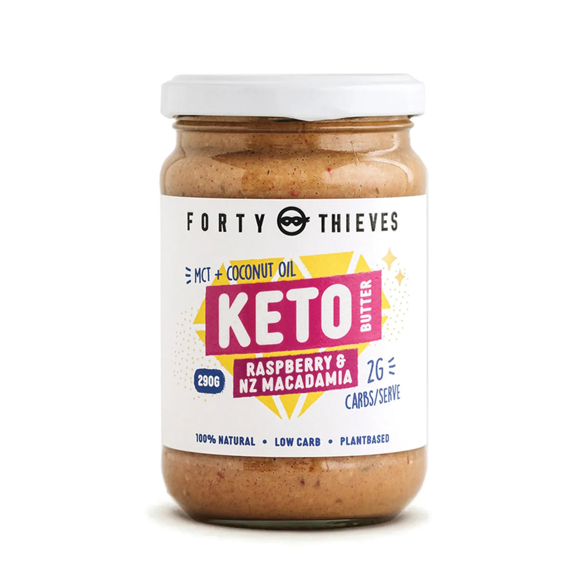 Jar of Forty Thieves Keto Butter with raspberry and NZ macadamia flavor on a white background