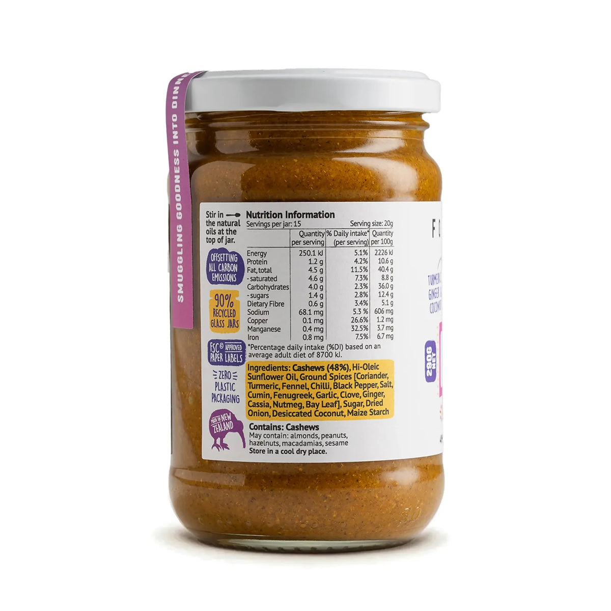 Jar of nut butter with a label on a white background