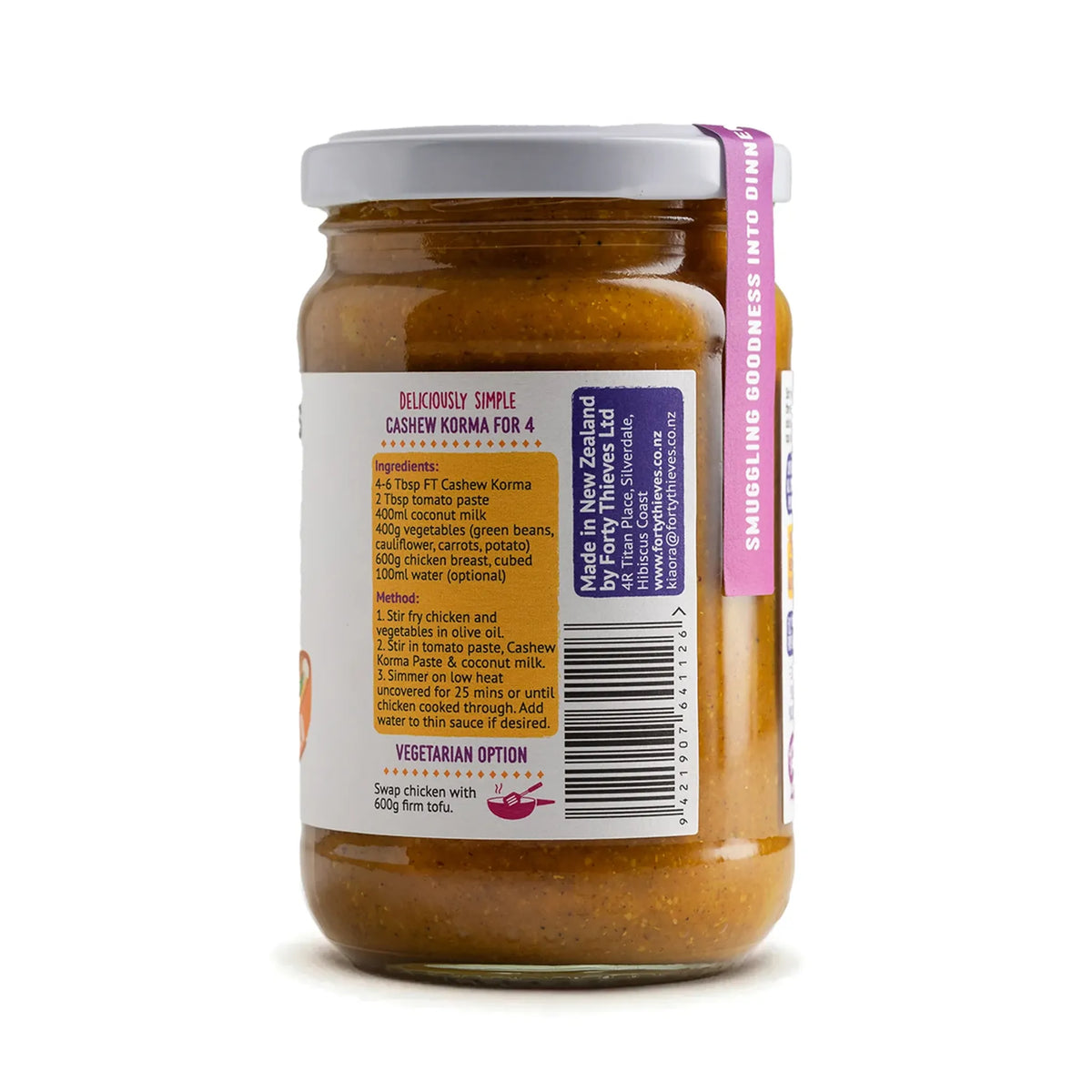 Jar of cashew curry with a label on a white background