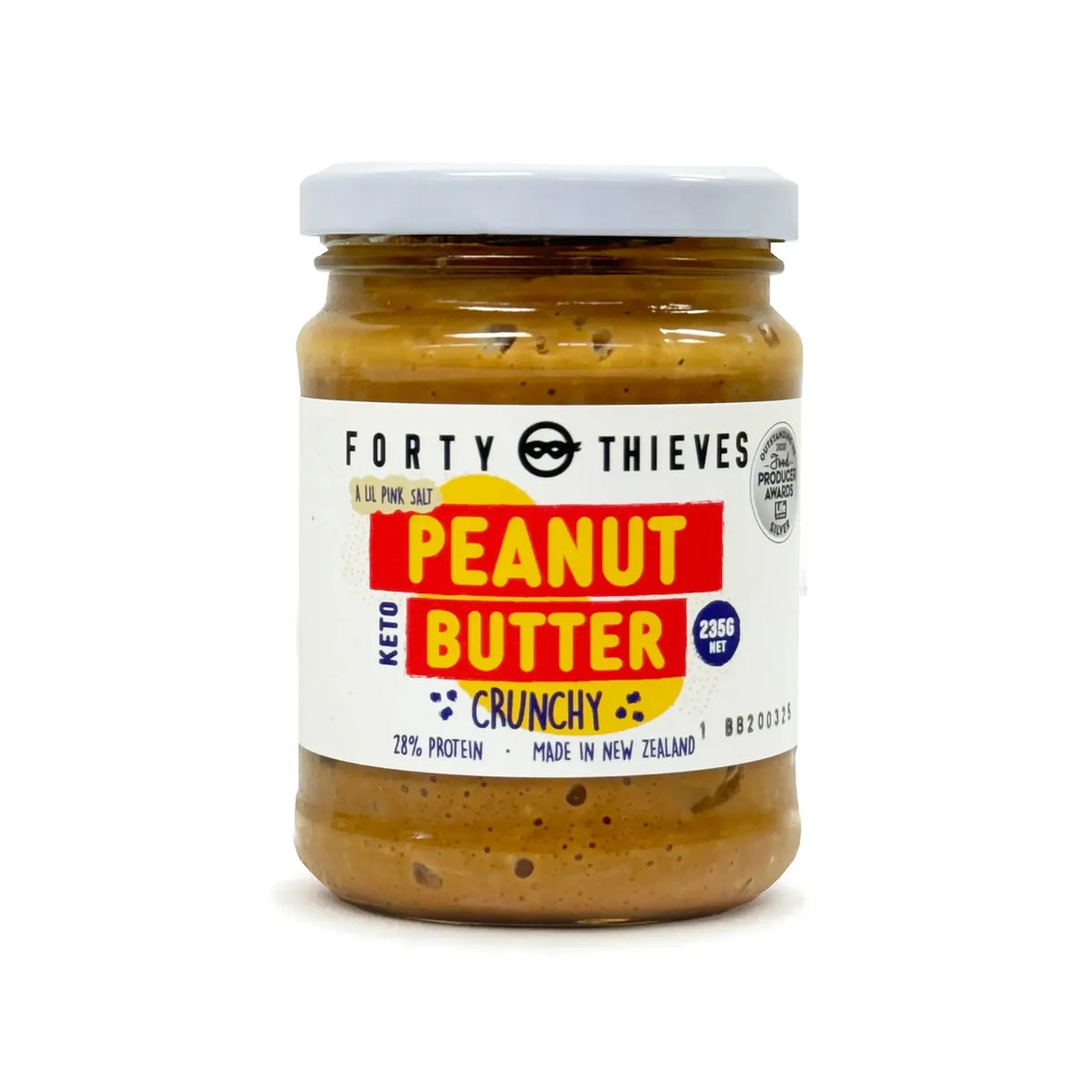 Jar of Forty Thieves crunchy peanut butter on a white background