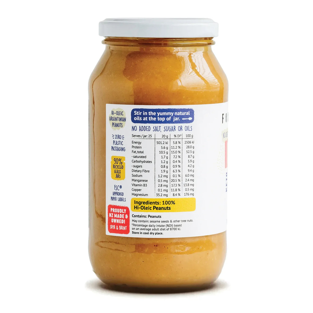 Jar of peanut butter with a label on a white background