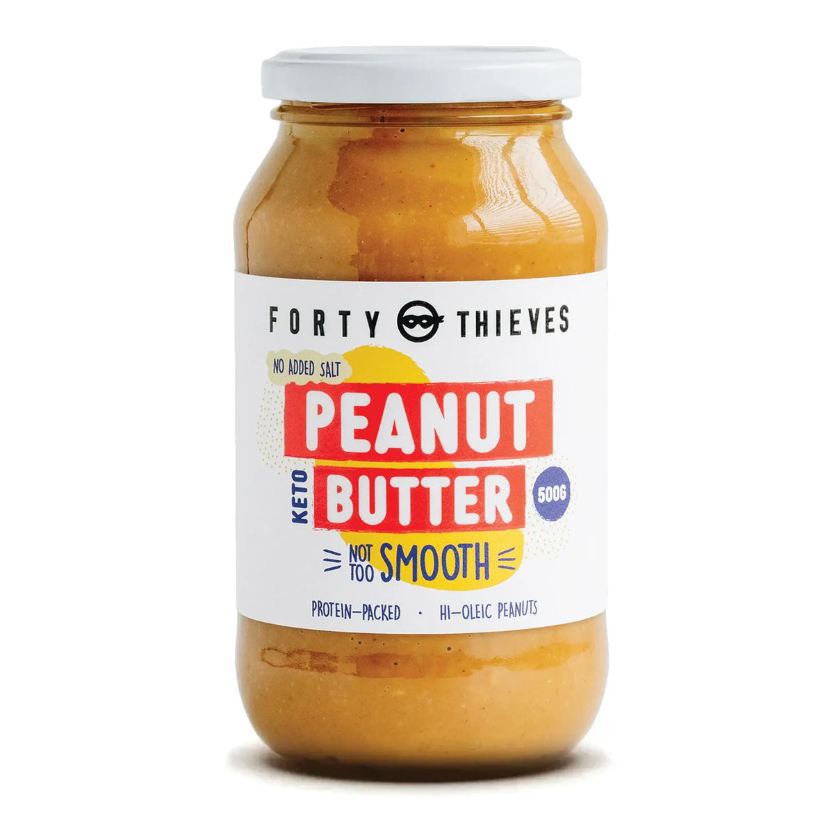 Jar of Forty Thieves peanut butter on a white background