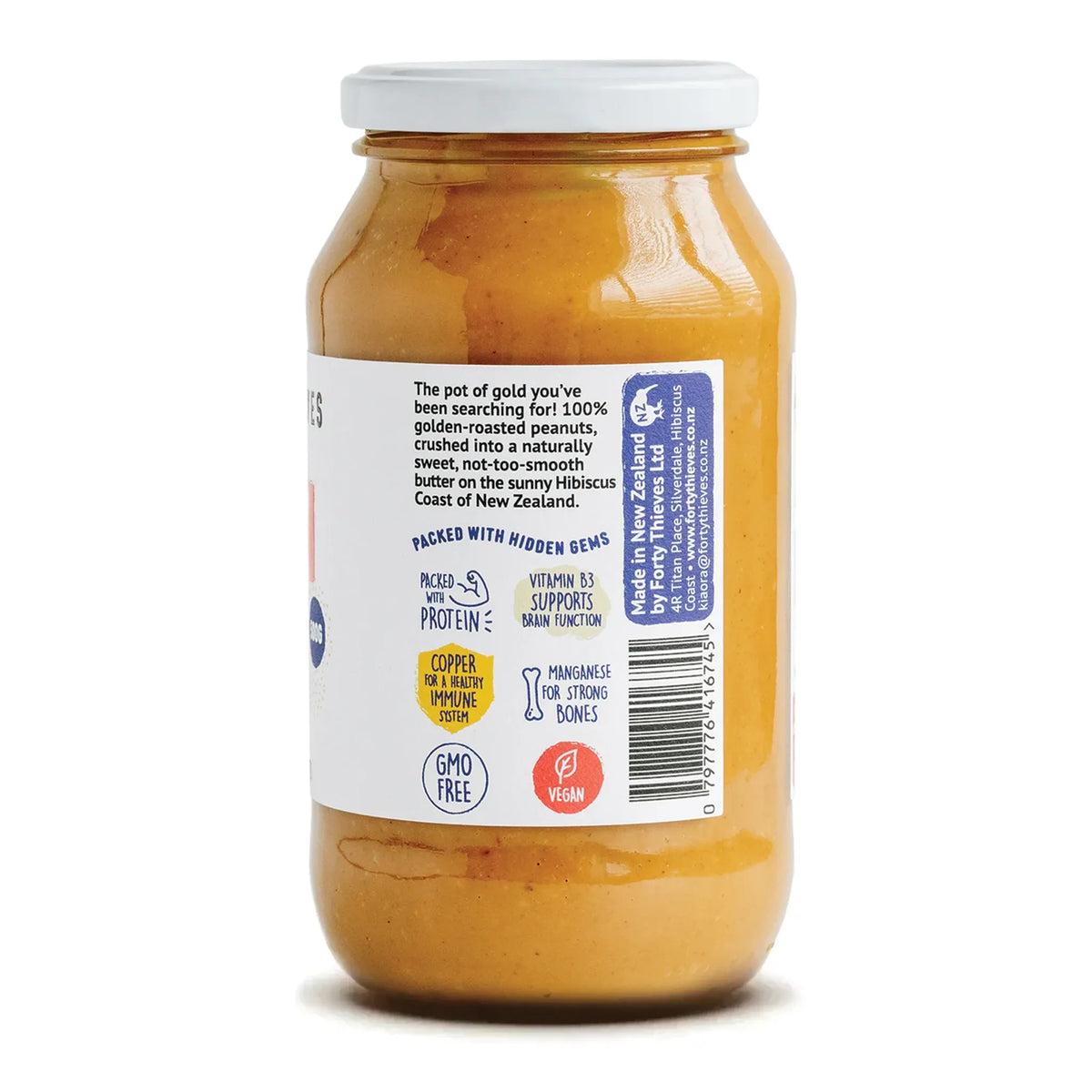 Jar of peanut butter with a label on a white background