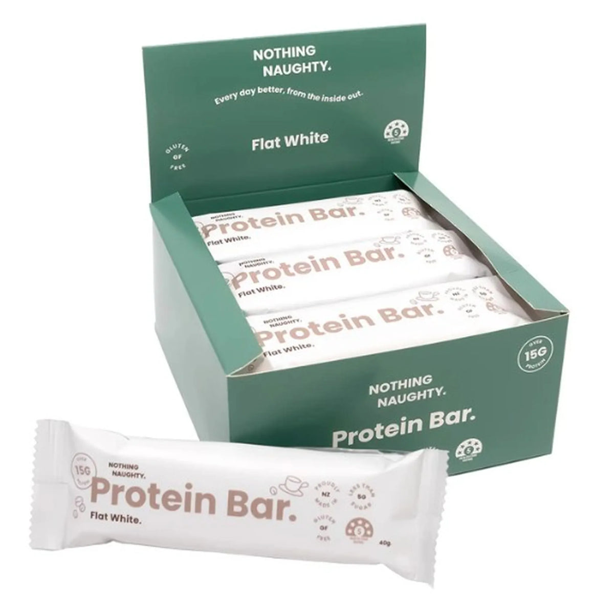 Box of  Flat White Protein Bars with a single bar in front on a white background