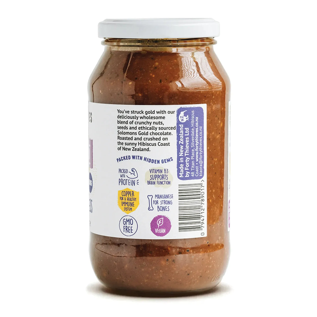 A jar of Forty Thieves Superfood Butter Chocolate + Nuts + Seeds  showing the back label on a white background