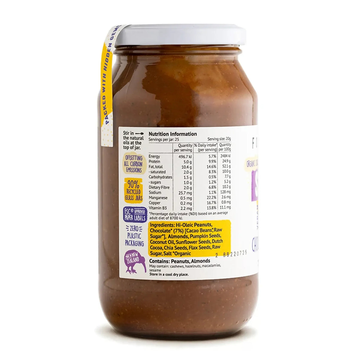 The back of a Jar of Forty Thieves Superfood Butter Chocolate + Nuts + Seeds with the Nutrition Information on a white background
