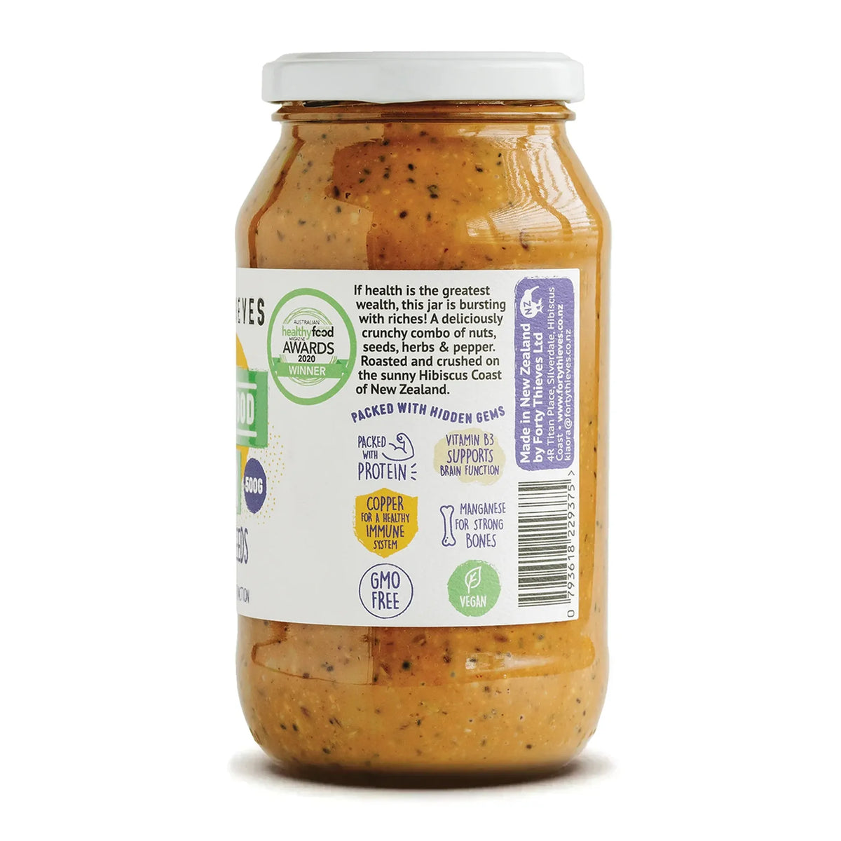 A jar of Forty Thieves Superfood Butter Hemp+Nuts+Seeds Back Label