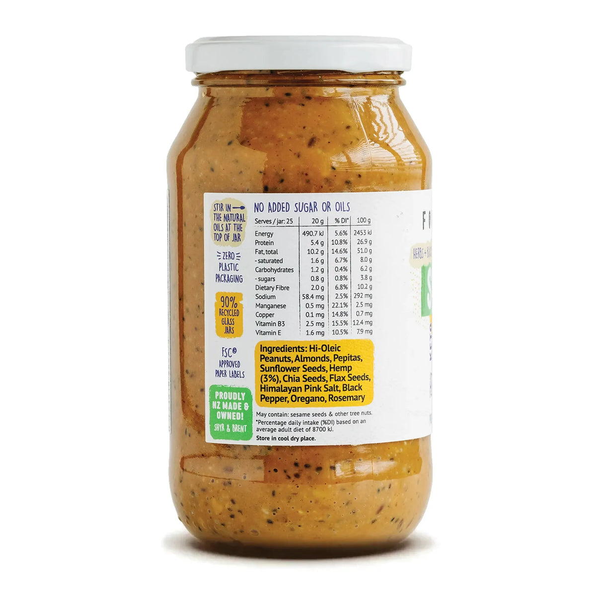 A jar of Forty Thieves Superfood Butter Hemp+Nuts_Seeds  showing the Nutrition Information Panel on White Background