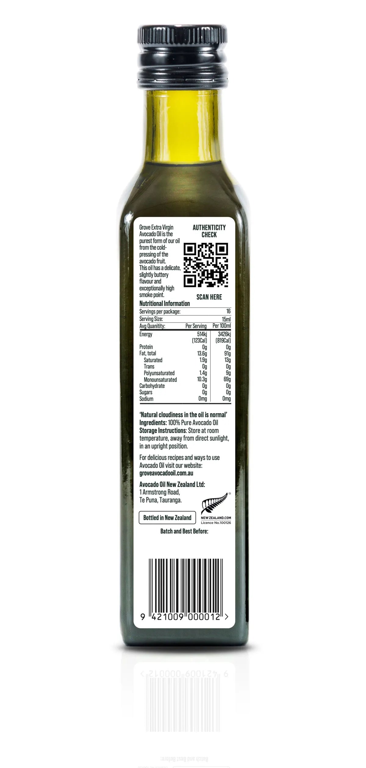 Bottle of avocado oil with a label on a white background
