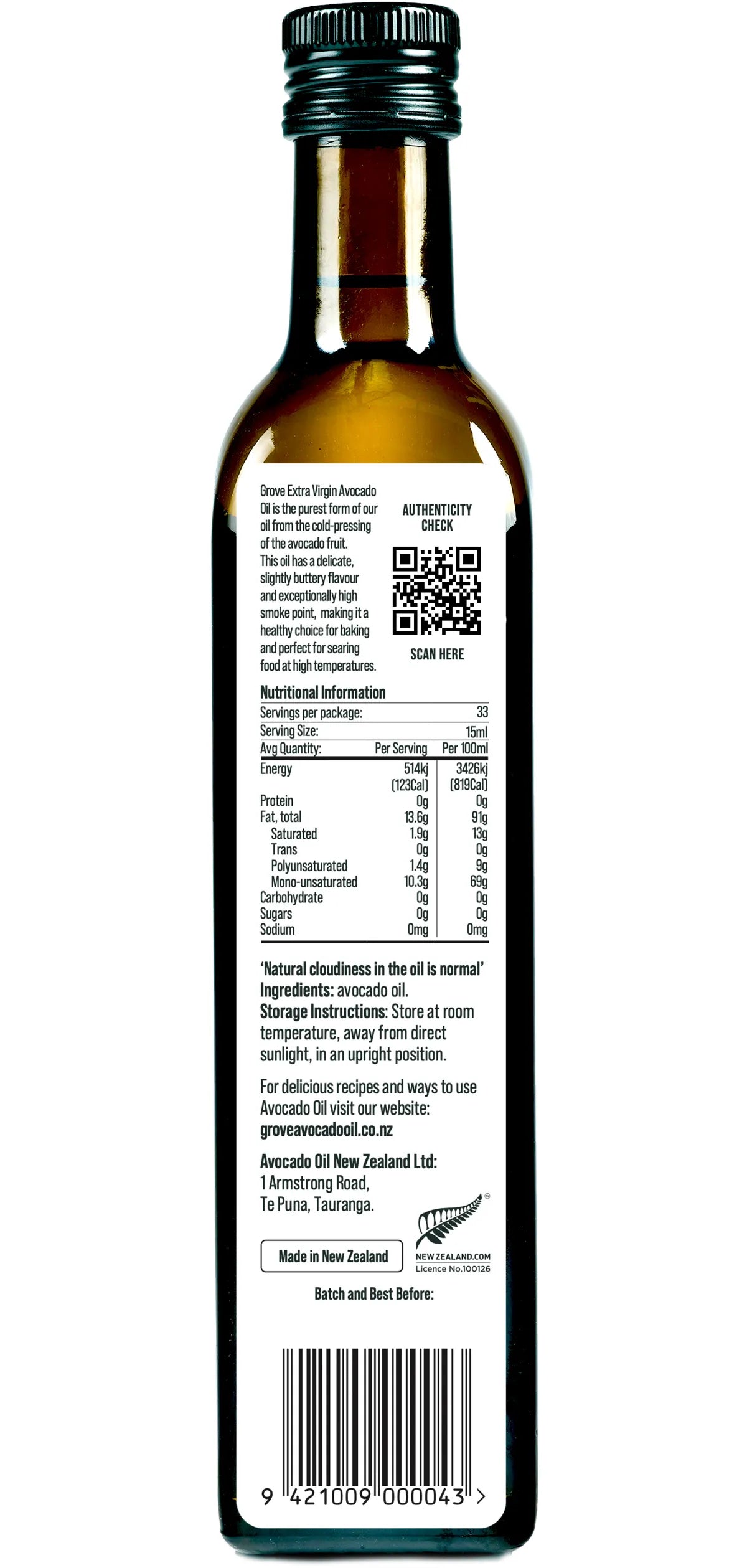 Back view of an avocado oil bottle with a label and QR code on a white background