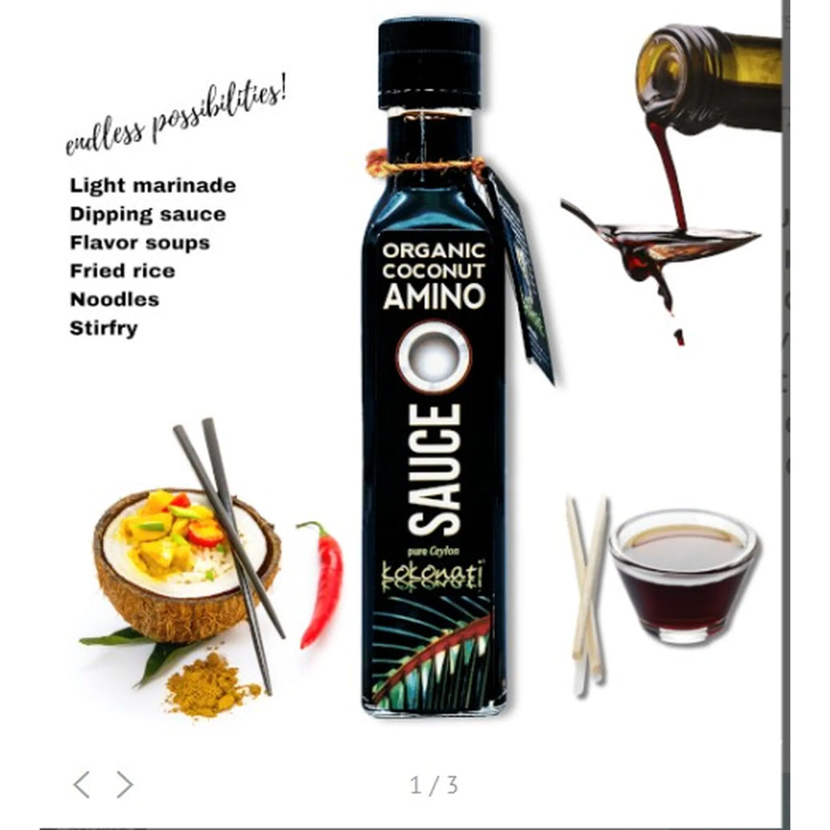 Bottle of Organic Coconut Amino Sauce with uses listed and images of its applications.