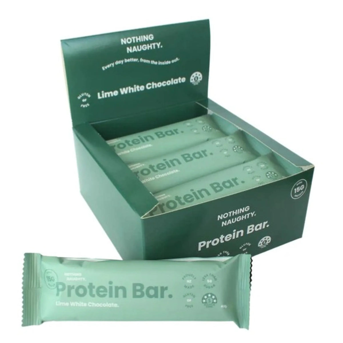 Box of Lime White Chocolate Protein Bars with a single bar in front on a white background