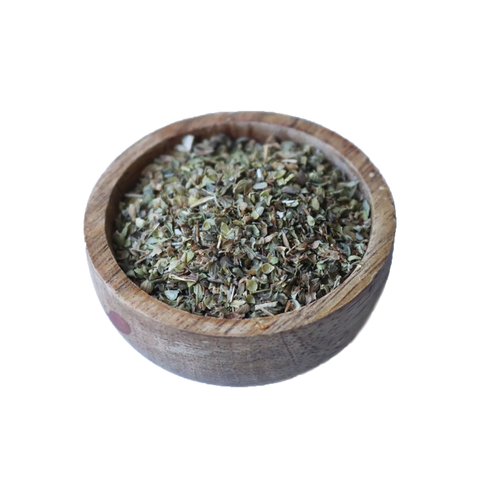 Wooden bowl filled with Oregano on a white background