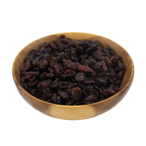 a small wooden bowl with dried cranberries on a white background