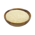 Wooden bowl filled with white sesame seeds on a white background