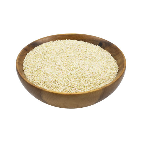 Wooden bowl filled with white sesame seeds on a white background