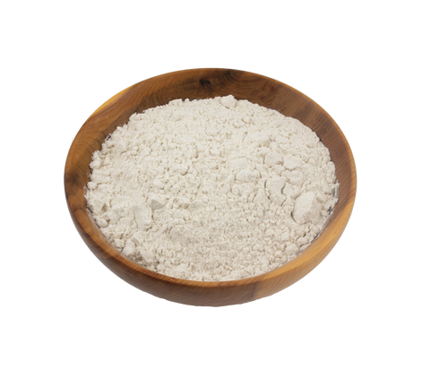 Wooden bowl filled with Buckwheat Flour on a white background
