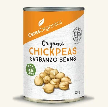 Can of Ceres Organics organic chickpeas on a white background