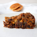 Close-up of a piece of fruitcake on a white plate with a blurred background