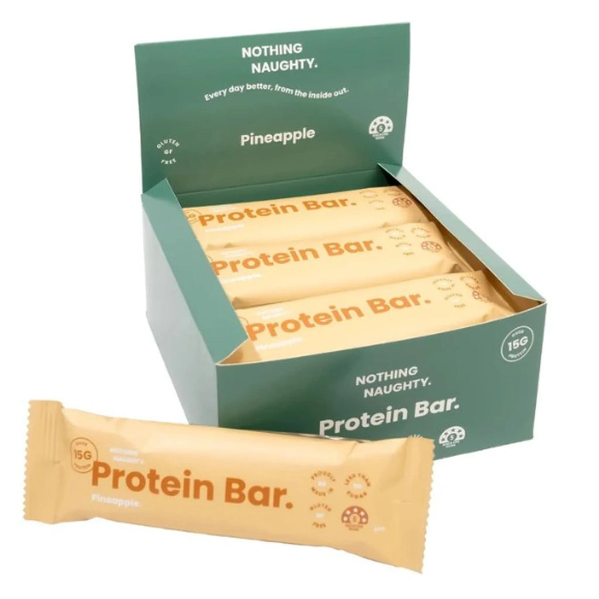 Box of protein bars with a single bar in front on a white background