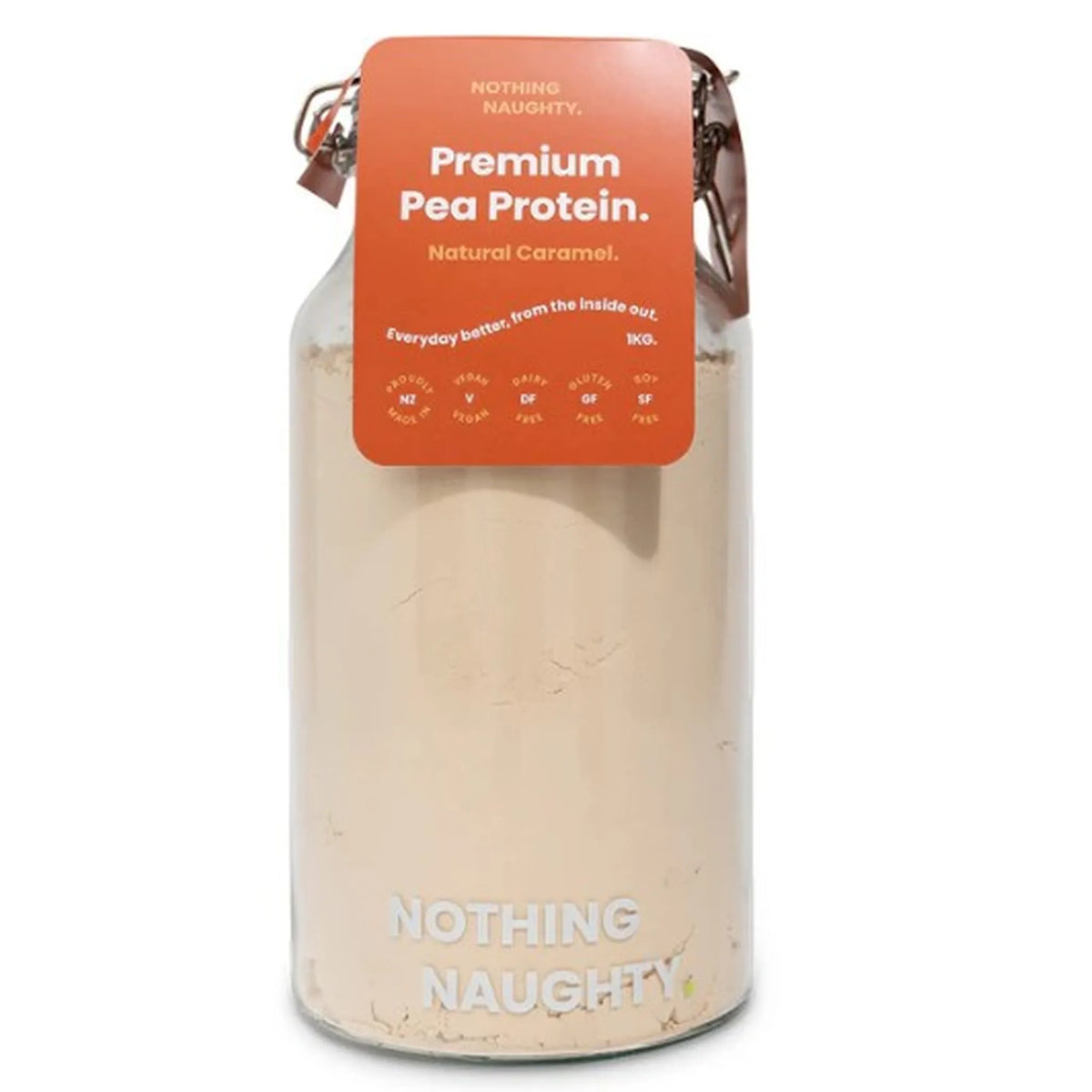 Container of premium pea protein powder with an orange label on a white background