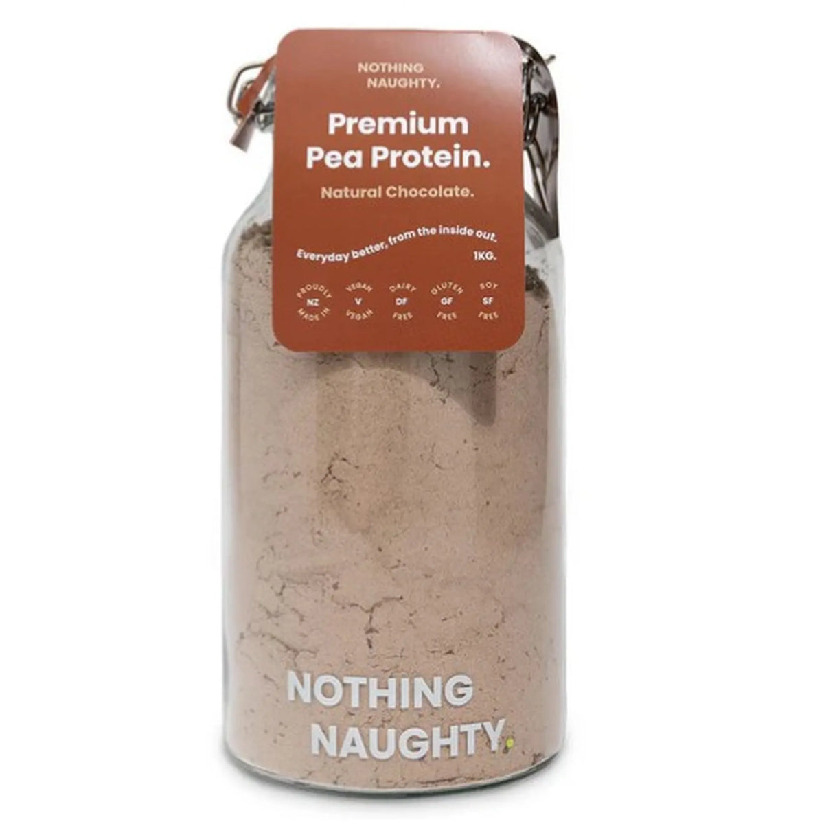 Container of premium pea protein powder with a brown label on a white background