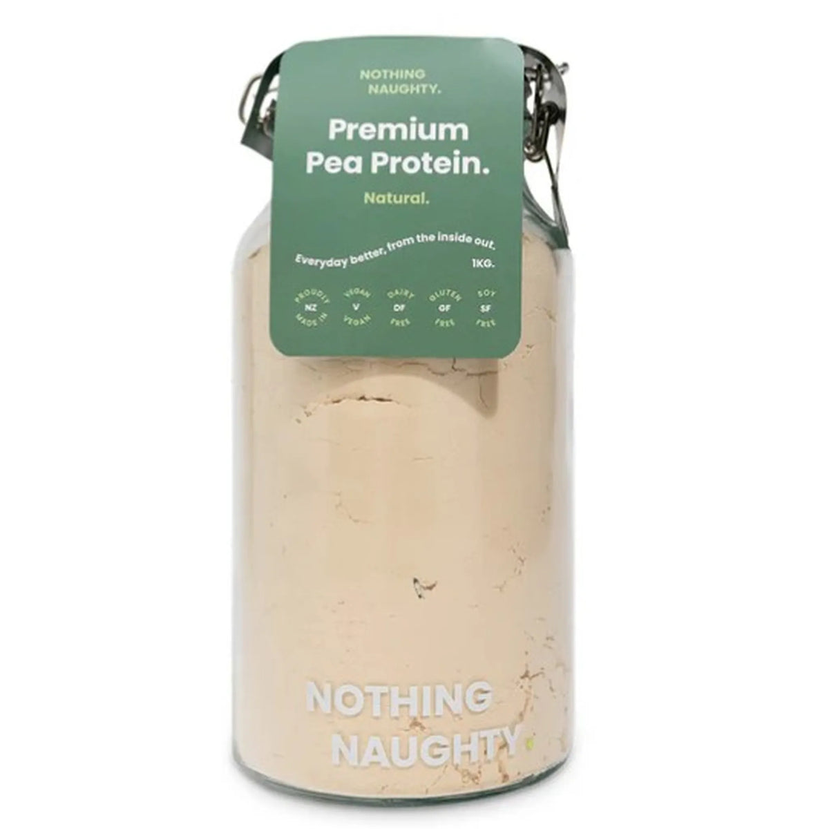 Container of premium pea protein with a green label on a white background