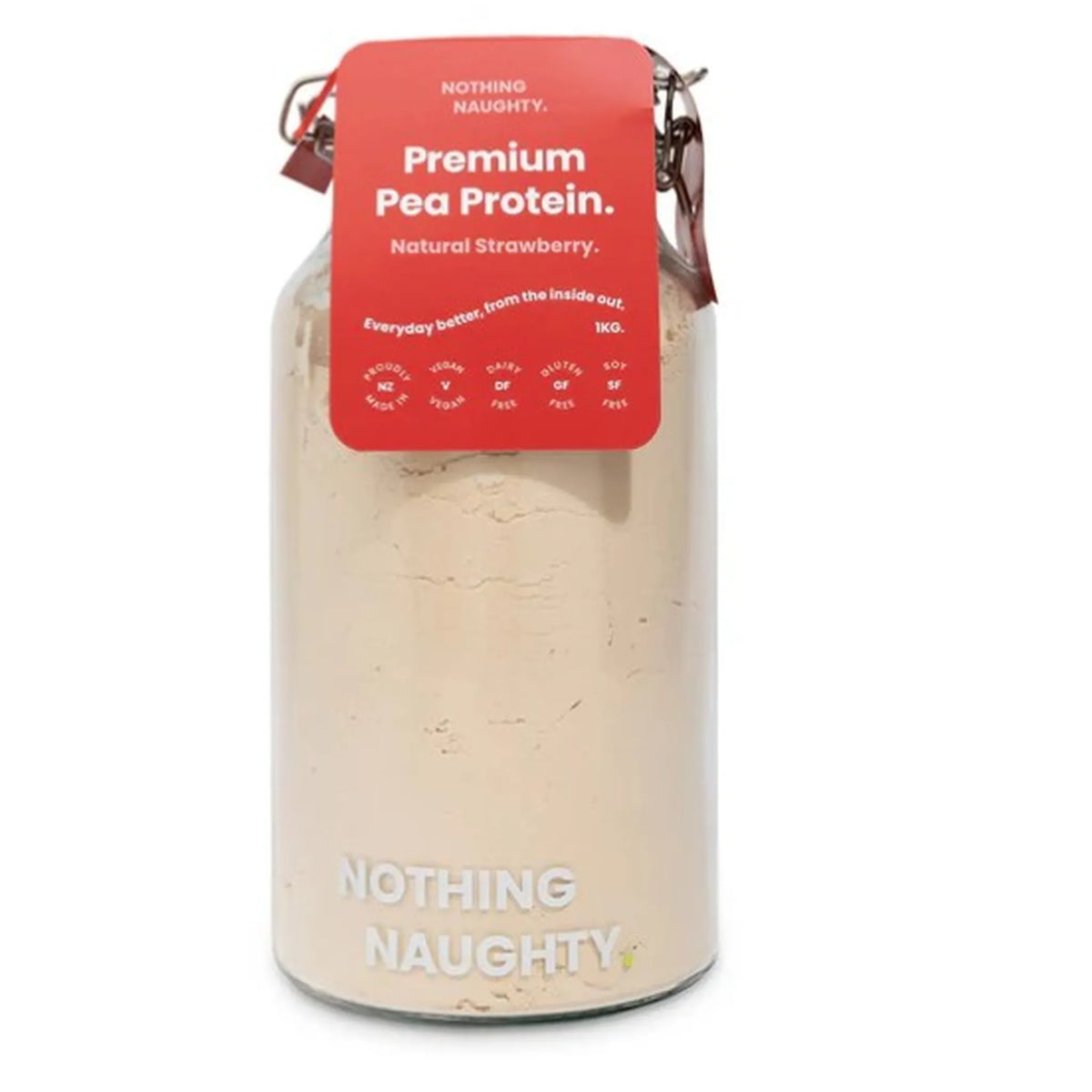 Container of premium pea protein with a red label on a white background