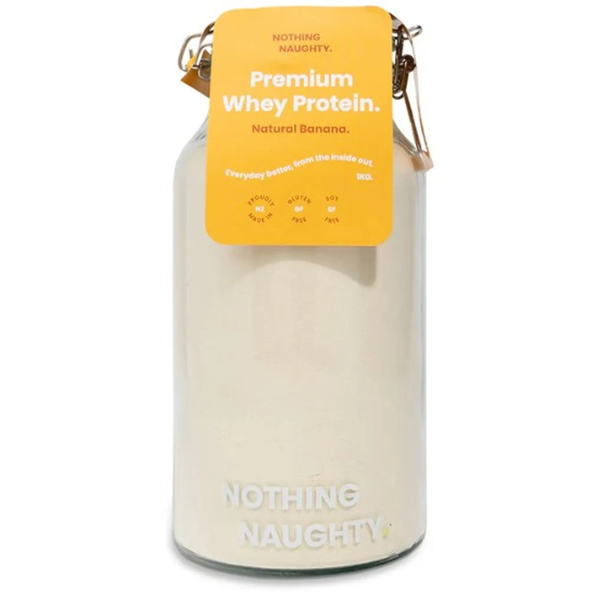 Container of premium Banana whey protein powder with a yellow label on a white background